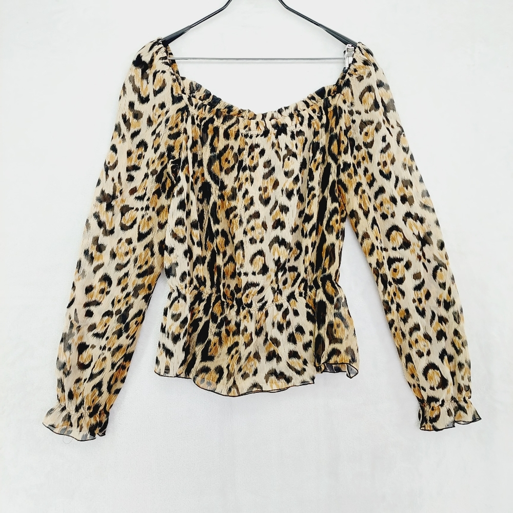 The Limited Silk Leopard Print Elastic Detail Long Sleeve Off Shoulder Top P4776